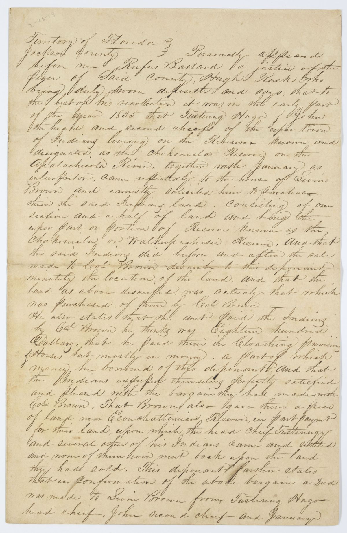 Affidavit of Hugh Rusk Attesting to a Sale of Land Between Native Americans and Levin Brown, 1843