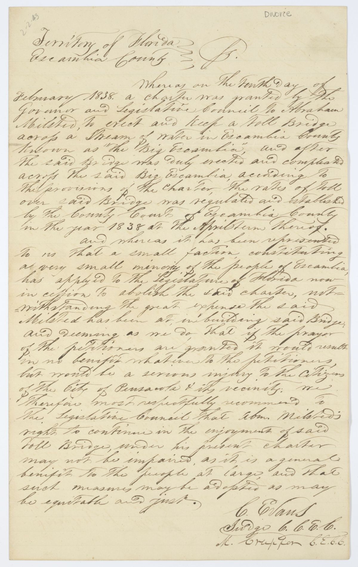 Petition Requesting that Abraham Milsted Keep the Charter to His Toll Bridge, circa 1843