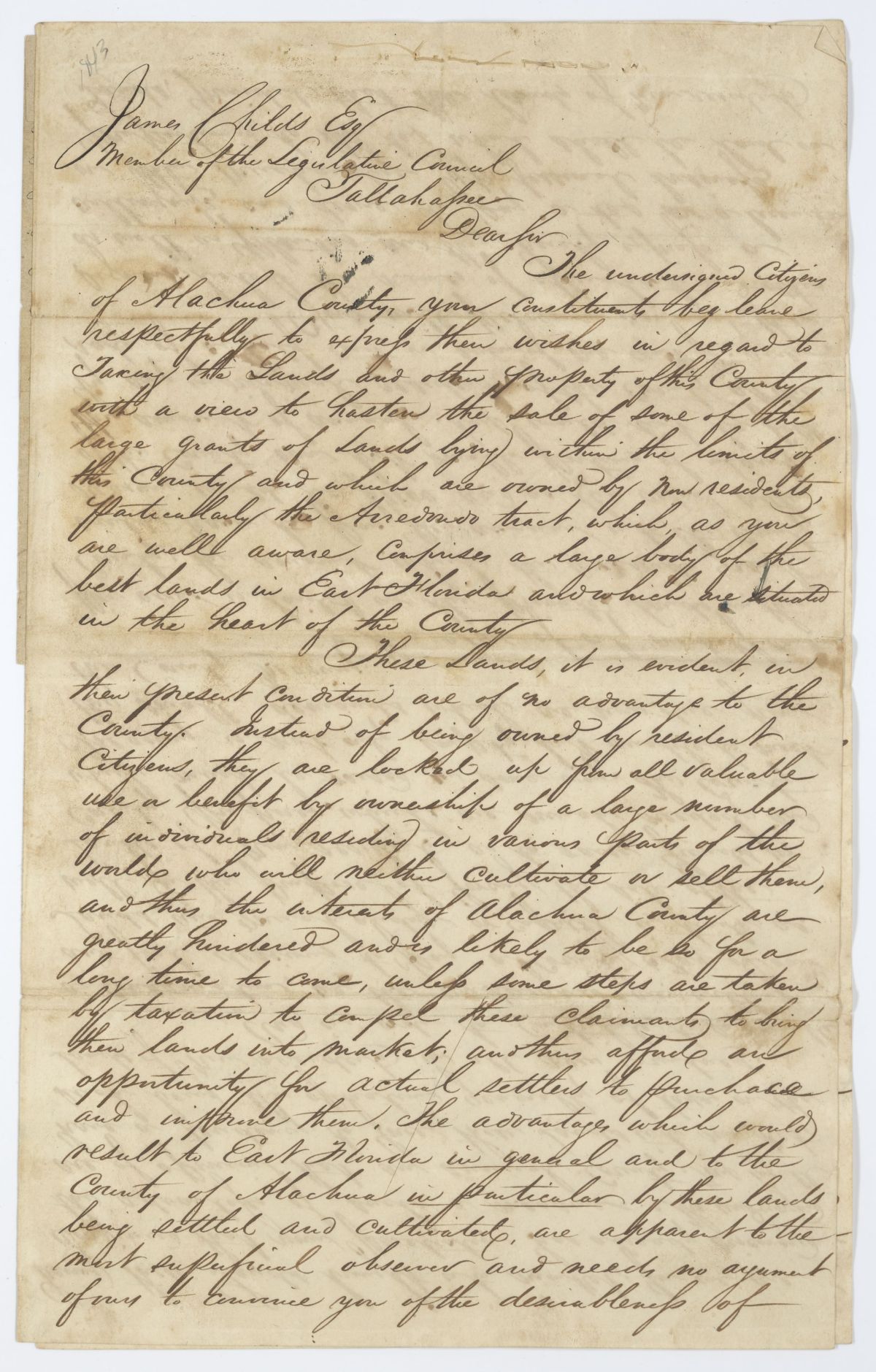 Petition of Citizens of Alachua County Requesting the Passage of a Law Establishing a County Tax, circa 1843