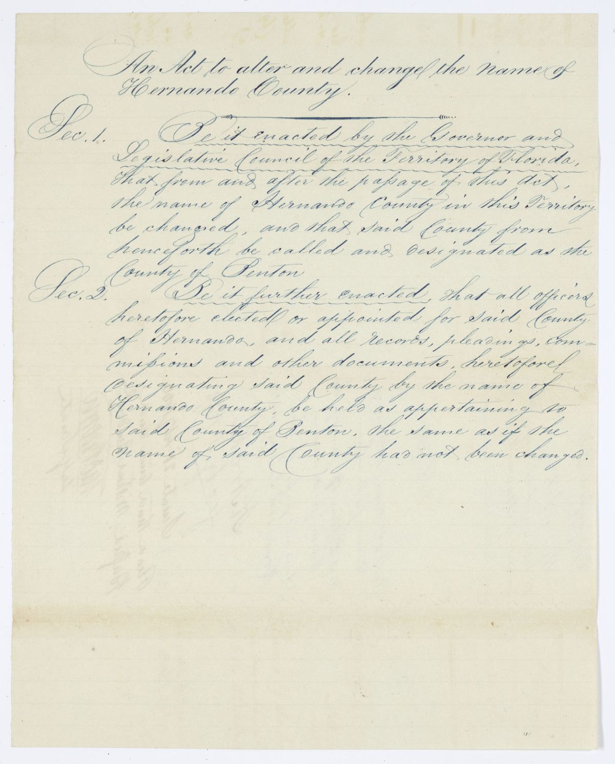 Draft of an Act to Alter and Change the Name of Hernando County, 1844