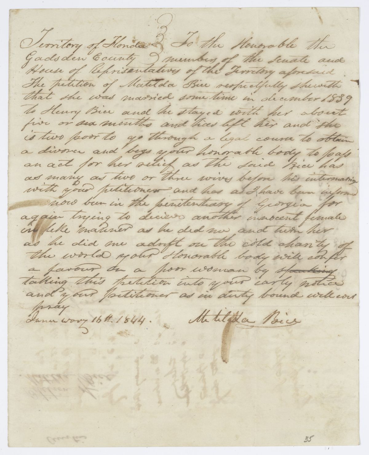 Divorce Petition of Matilda Bice, 1844