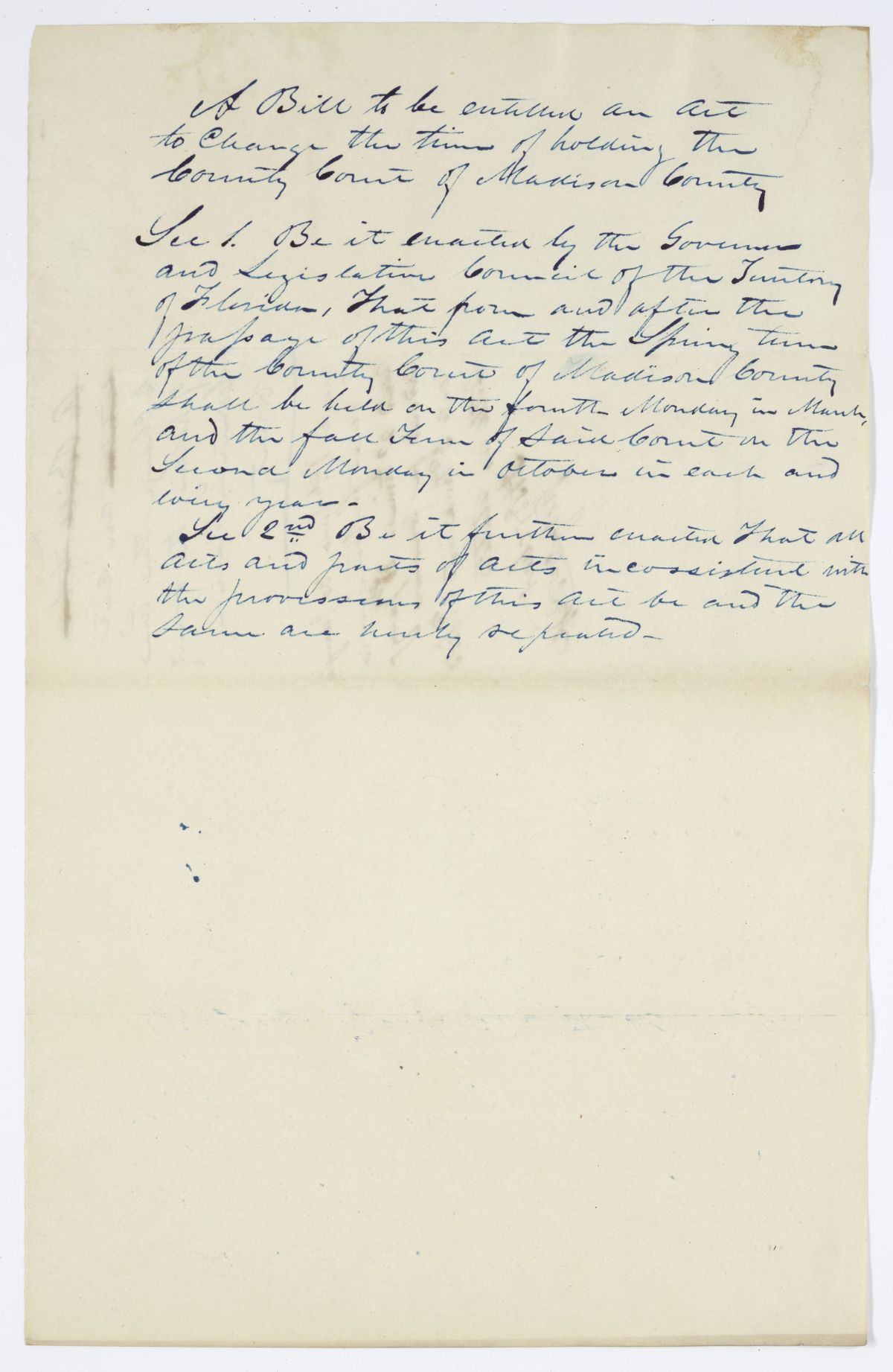 Draft of an Act to Change the Time of Holding the County Court of Madison County, circa 1844