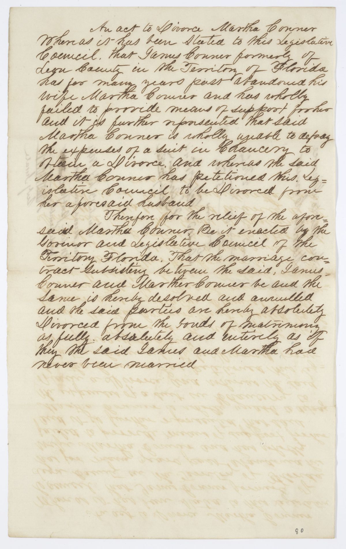 Draft of an Act to Divorce Martha Conner, 1844