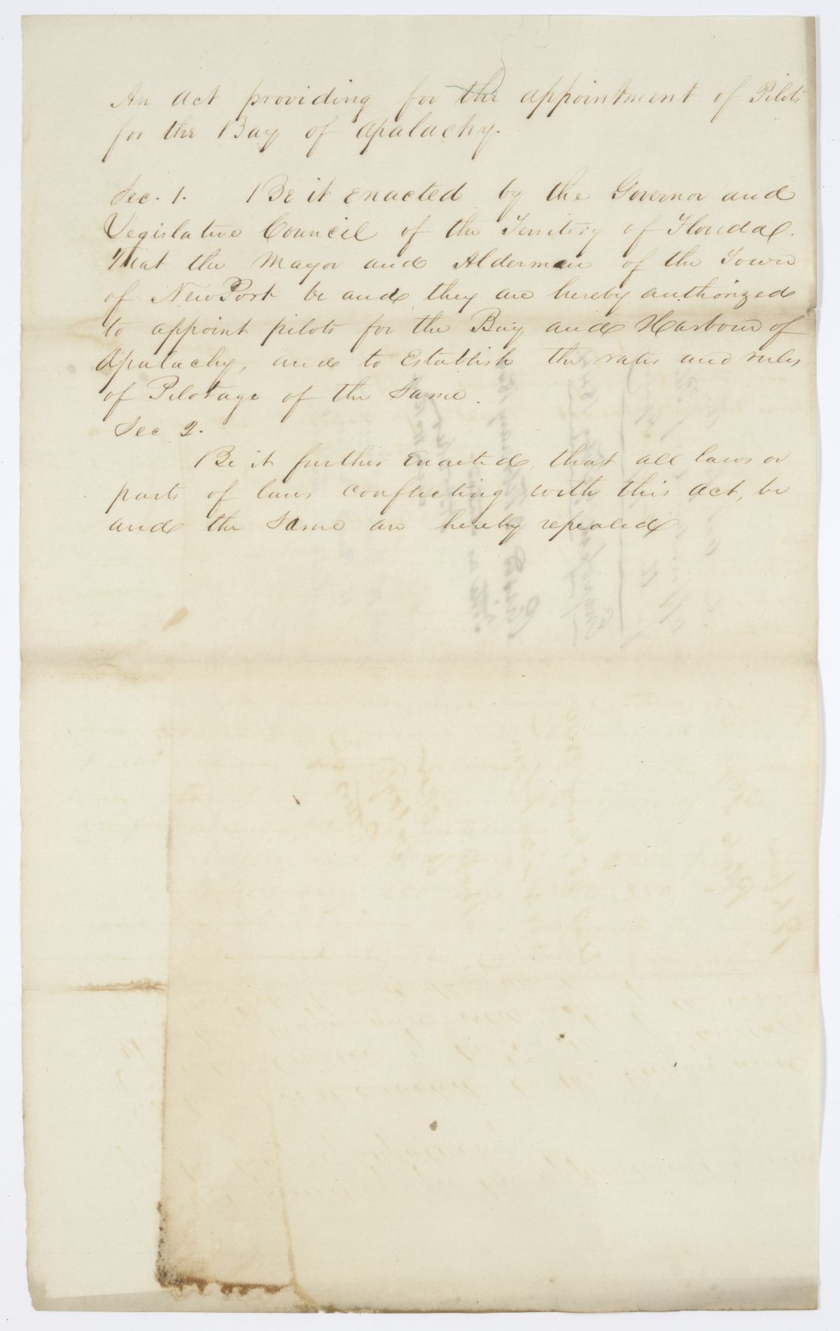 Draft of an Act to Provide for the Appointment of Pilots for the Bay of Apalachy, 1844