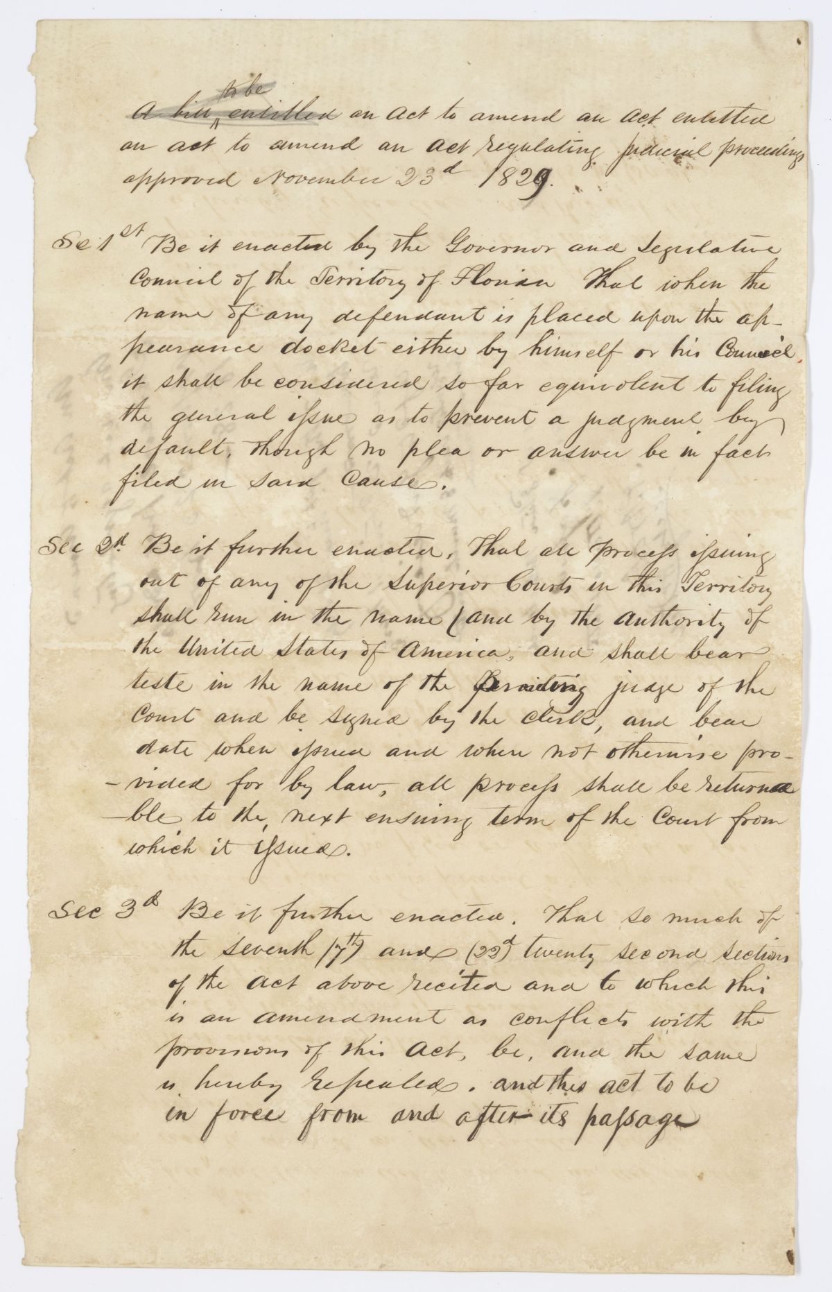 Draft of an Act to Amend an Act Regulating Judicial Proceedings, circa 1844