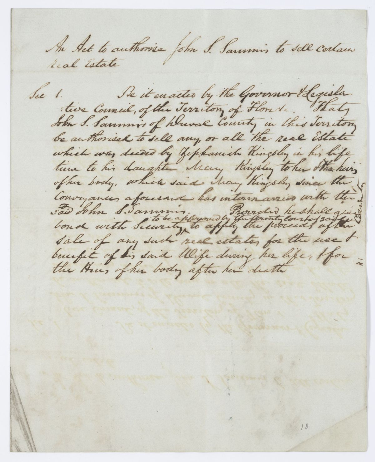 Draft of an Act to Authorize John S. Sammis to Sell Certain Real Estate, 1844