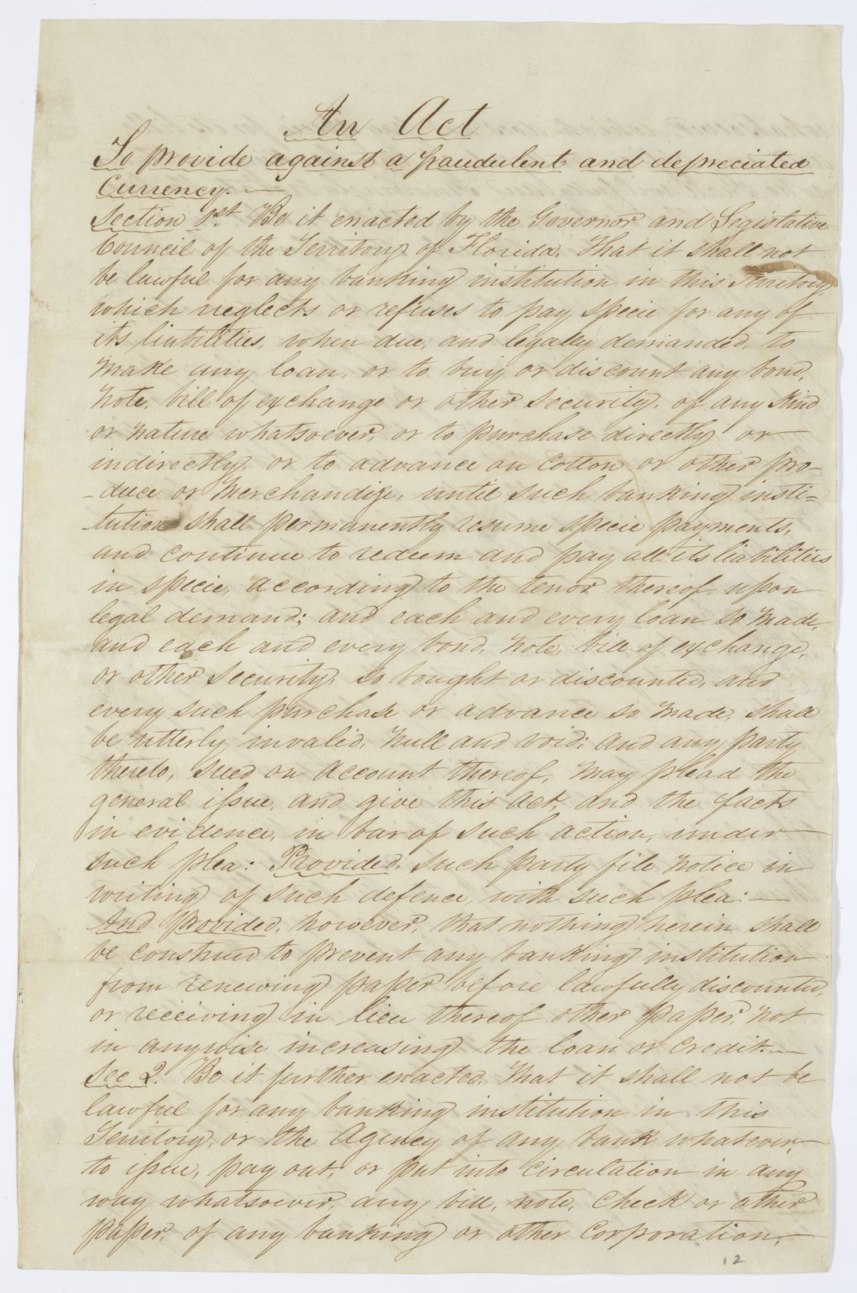 Draft of an Act to Provide Against a Fraudulent and Depreciated Currency, 1844