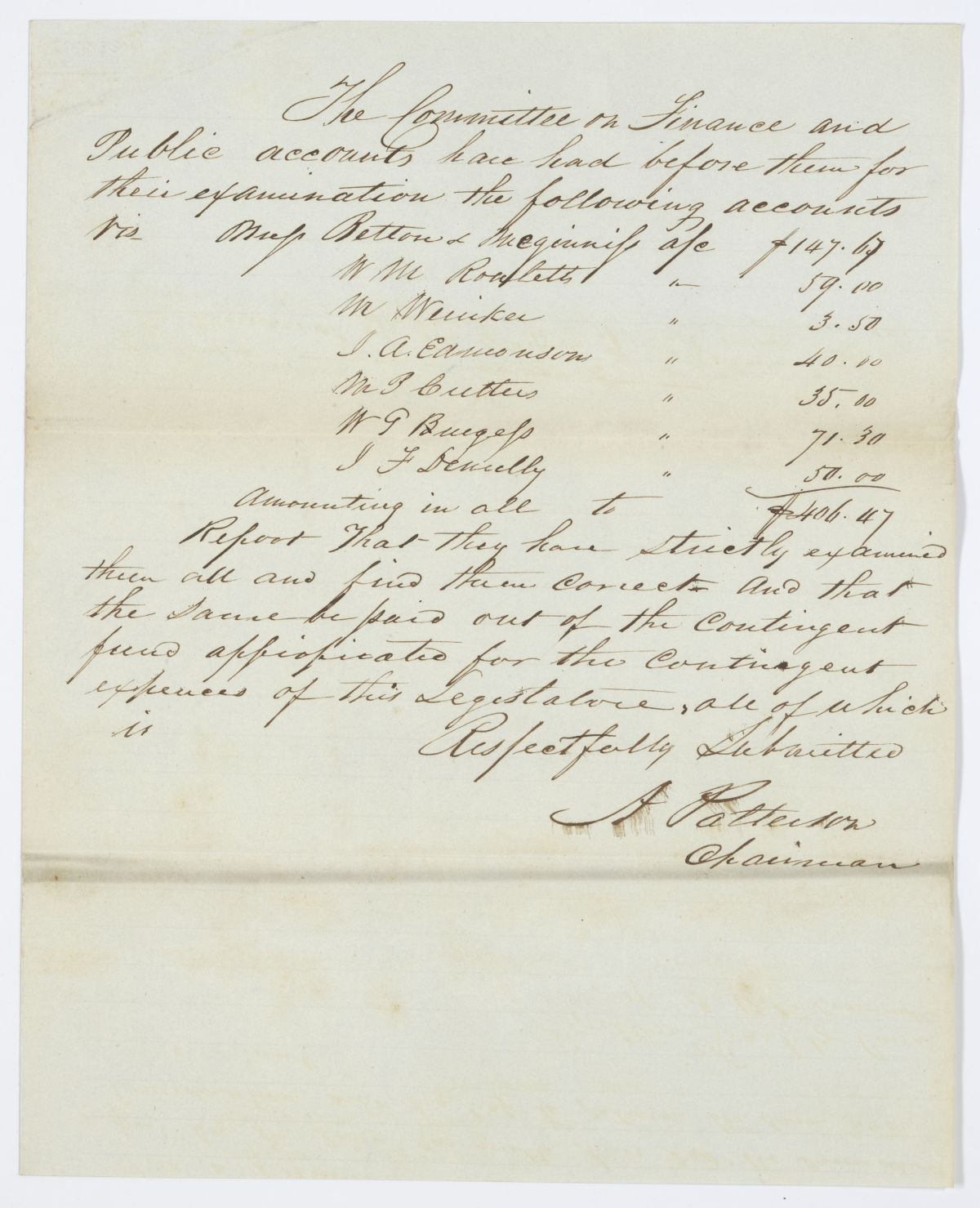 Report of the Committee on Finance and Public Accounts Concerning Certain Accounts, 1844