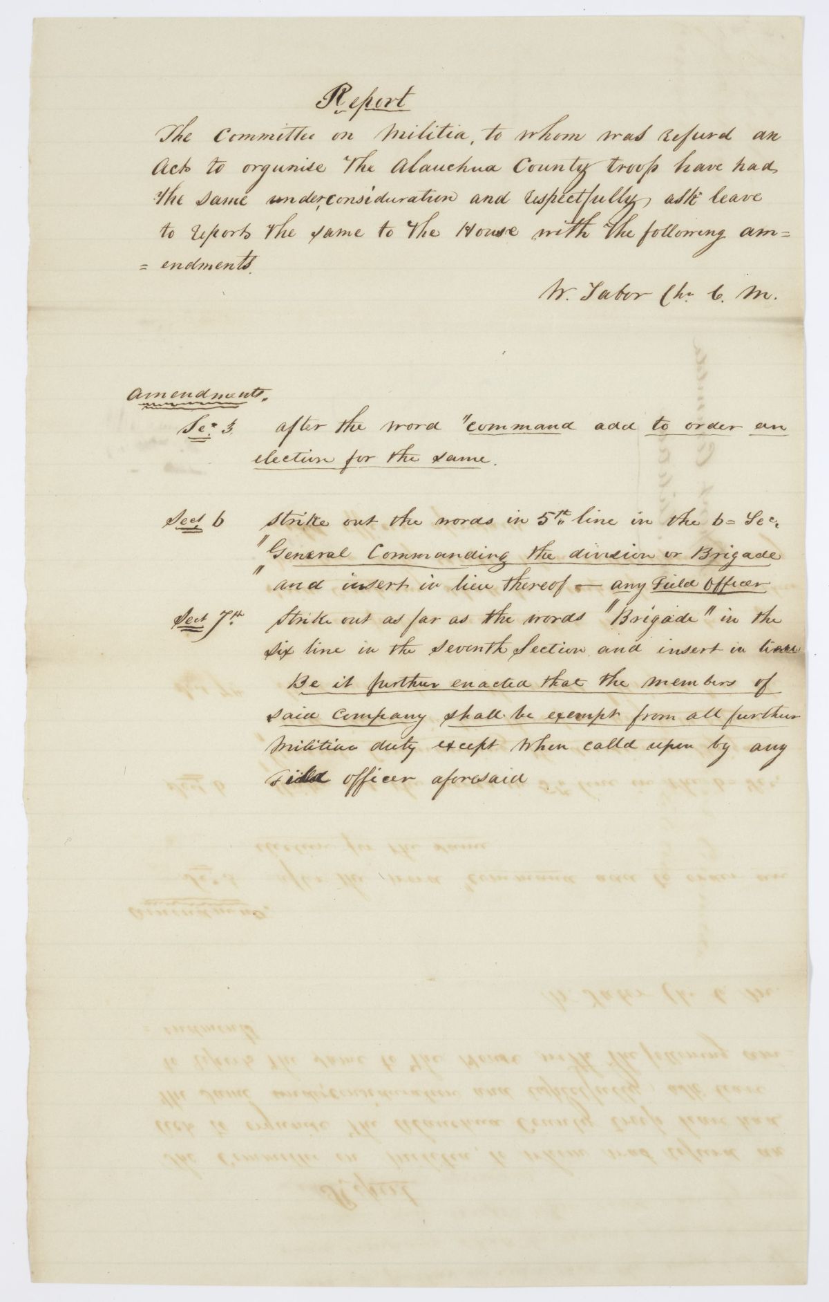 Report of the Committee on the Militia to Whom Was Referred an Act to Organize the Alachua County Troop, circa 1844