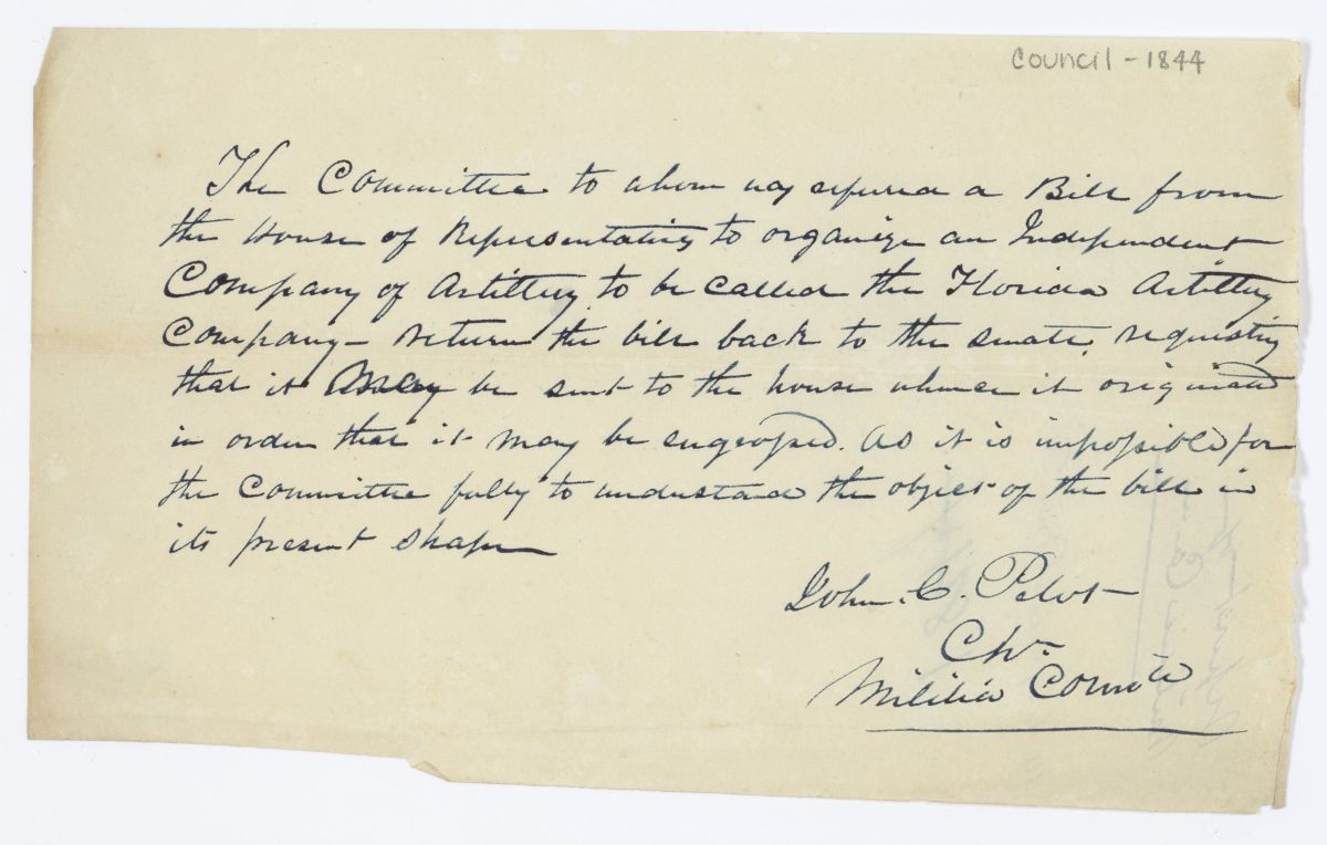 Report of the Committee on the Militia Regarding a Bill to Organize the Florida Artillery Company, circa 1844