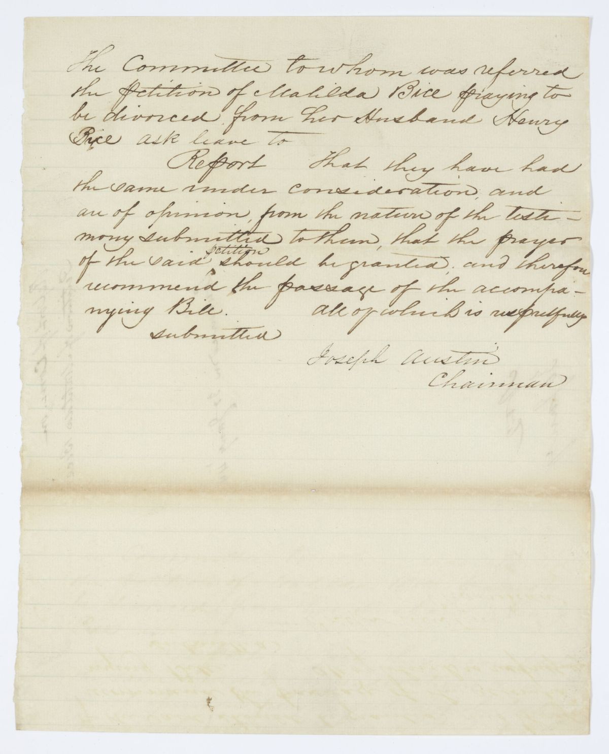 Report of the Committee to Whom Was Referred the Petition of Matilda Bice, 1844