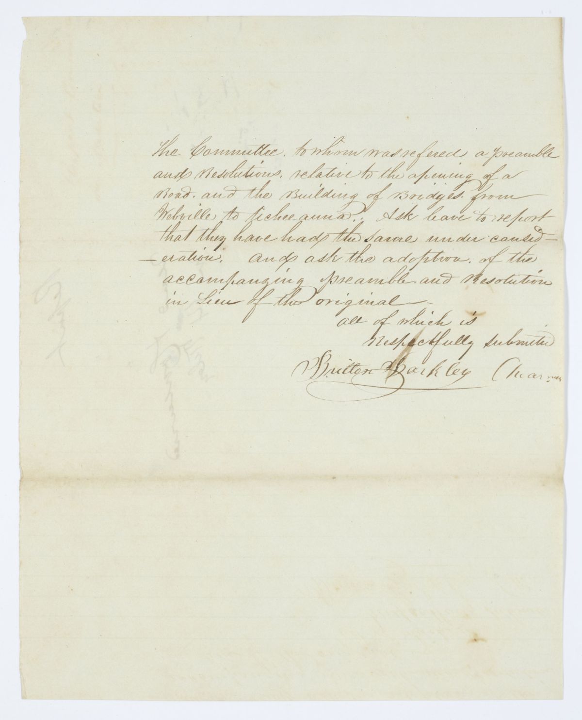 Report of the Committee to Whom Was Referred a Resolution Relative to Opening a Road from Webbville to Eucheeanna, circa 1844