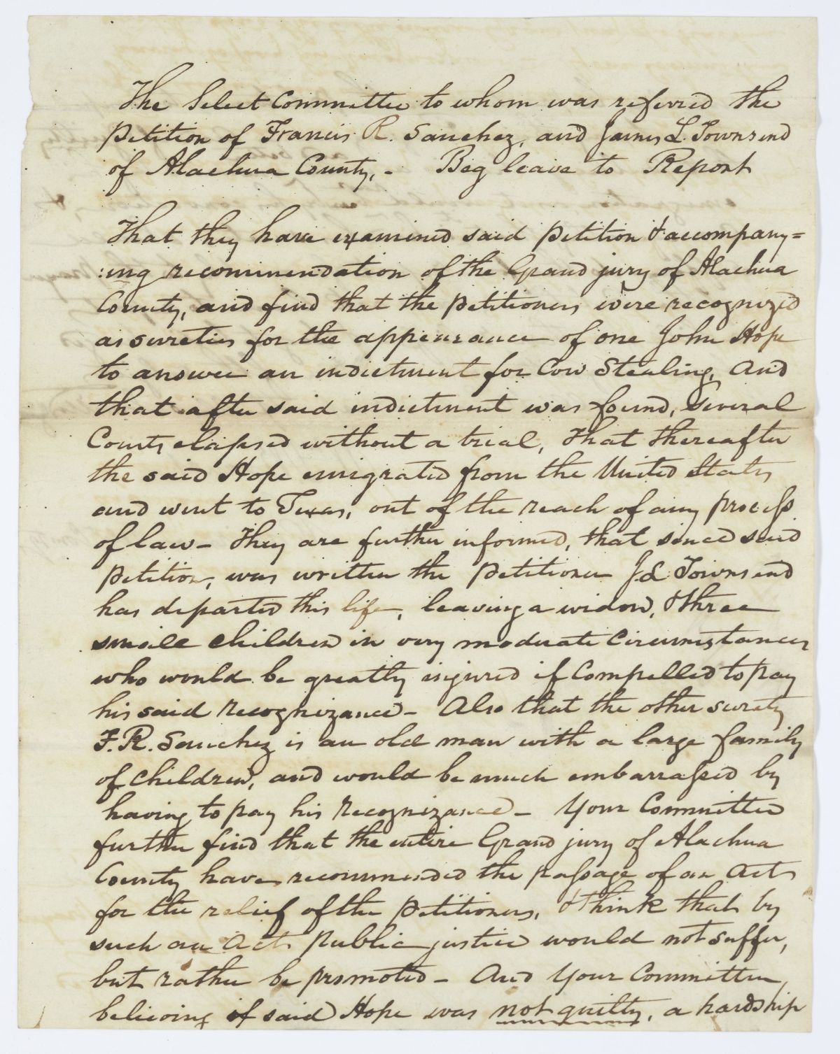 Report of the Select Committee to Whom Was Referred the Petition of Francis R. Sanchez and James L. Townsend, circa 1844