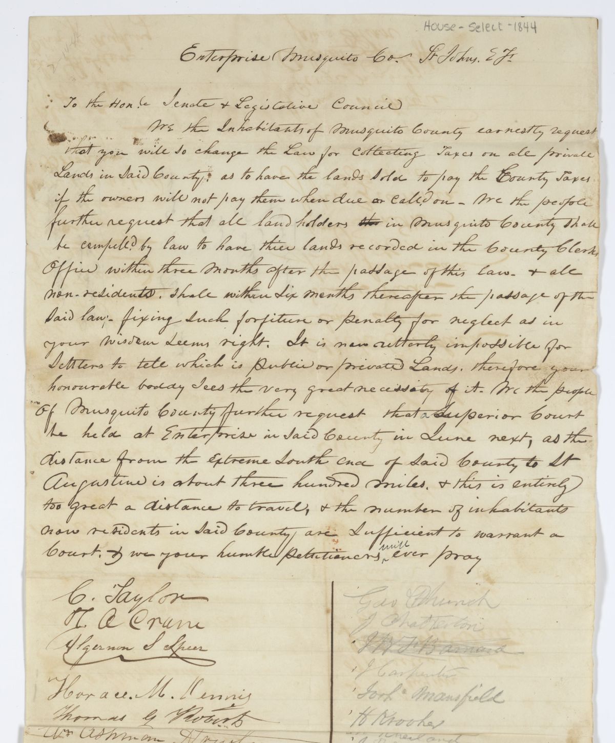 Petition of Citizens of Mosquito County Regarding Taxes on Private Land and the Location of the Superior Court, 1844