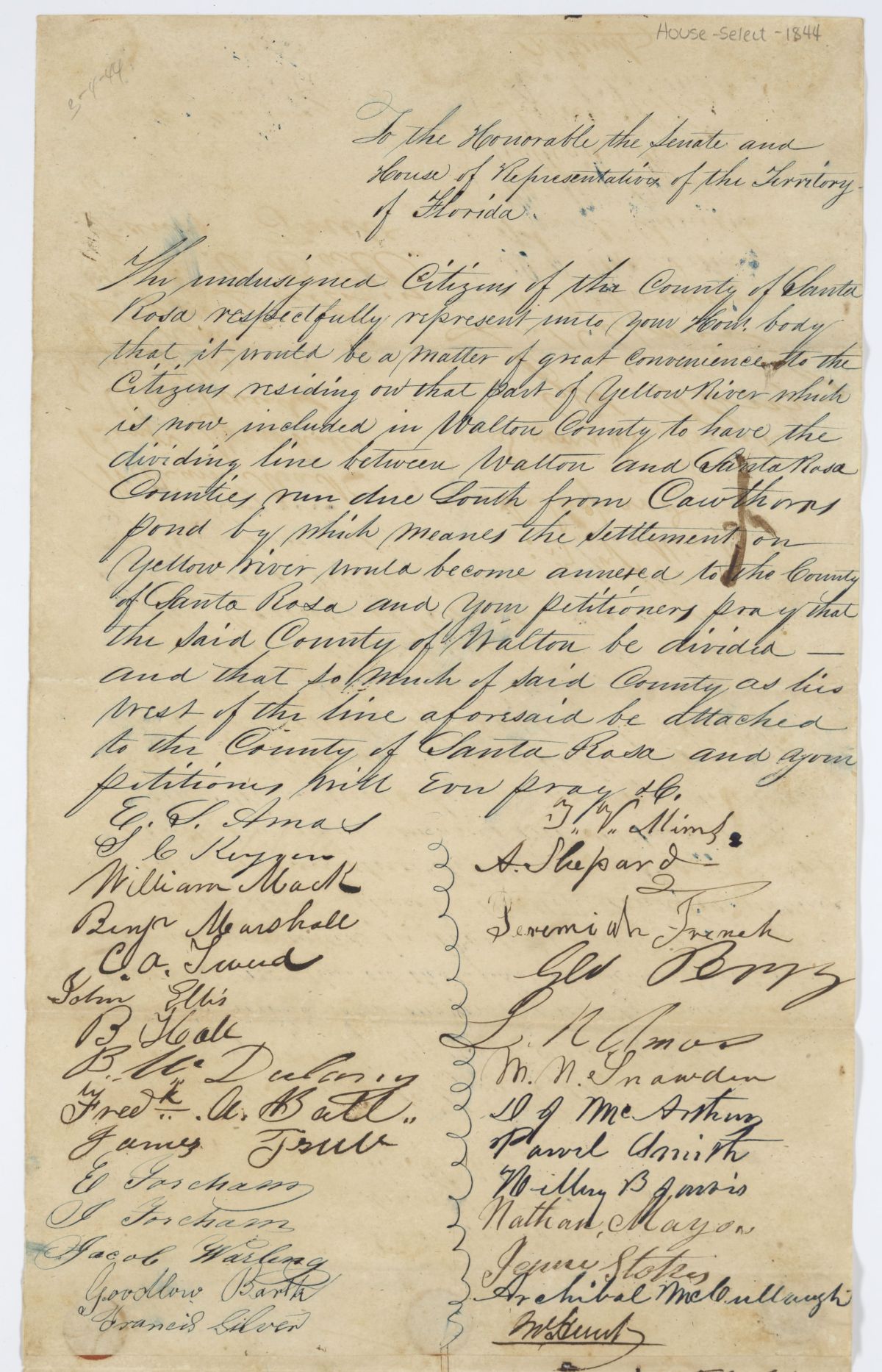 Petition of Citizens of Santa Rosa County Requesting a Change in the Boundary Between Santa Rosa and Walton Counties, 1844