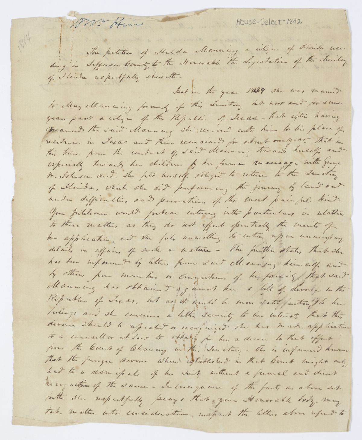 Petition of Huldah Manning Requesting that the Territory of Florida Confirm Her Divorce, circa 1844