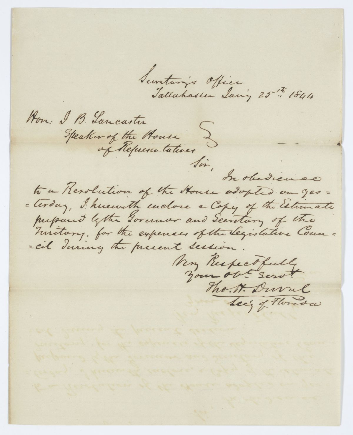 Letter from Thomas H. Duval to Joseph B. Lancaster Concerning the Expenses of the Territorial Legislative Council, 1844