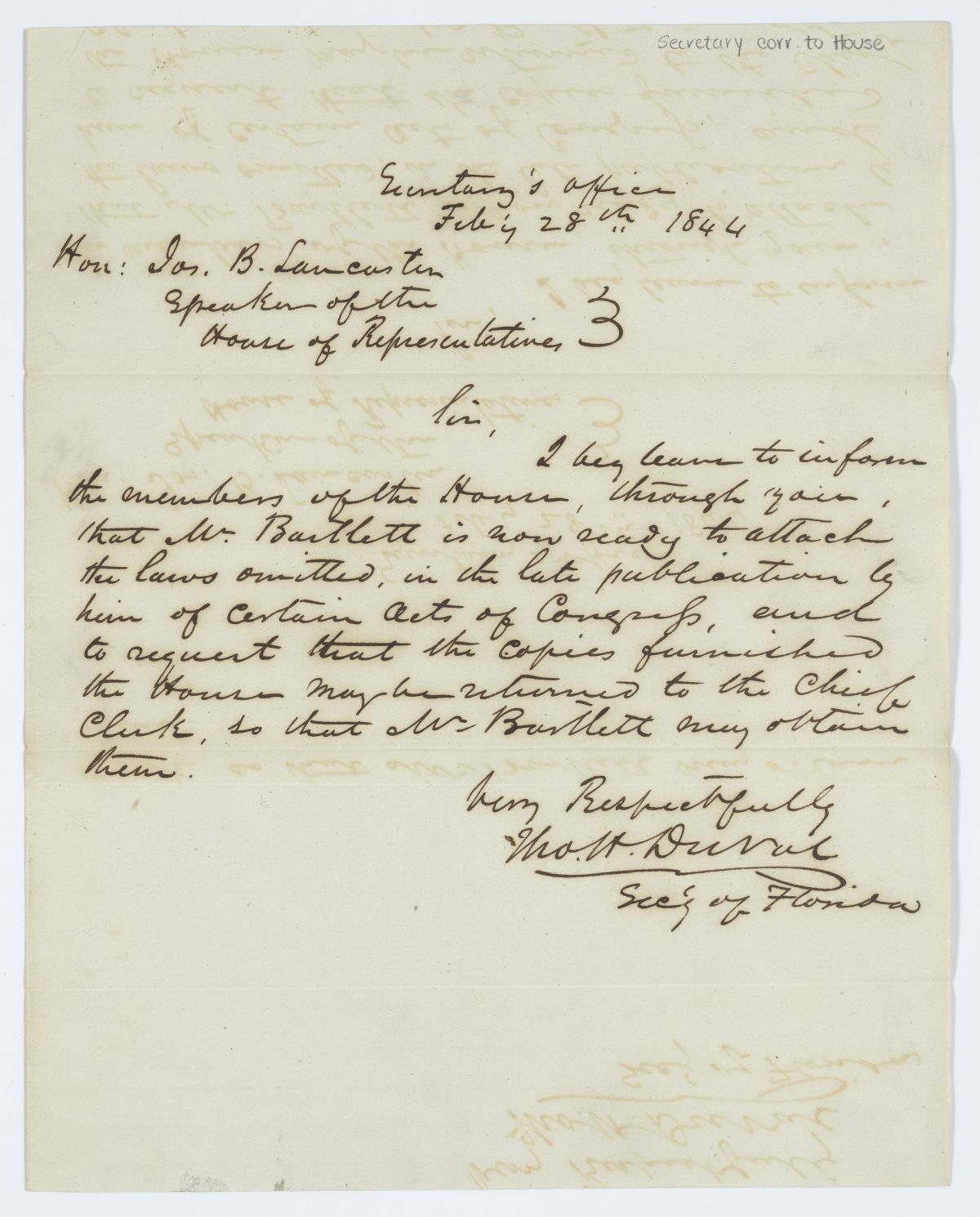 Letter from Thomas H. Duval to Joseph B. Lancaster Concerning Certain Printed Laws, 1844