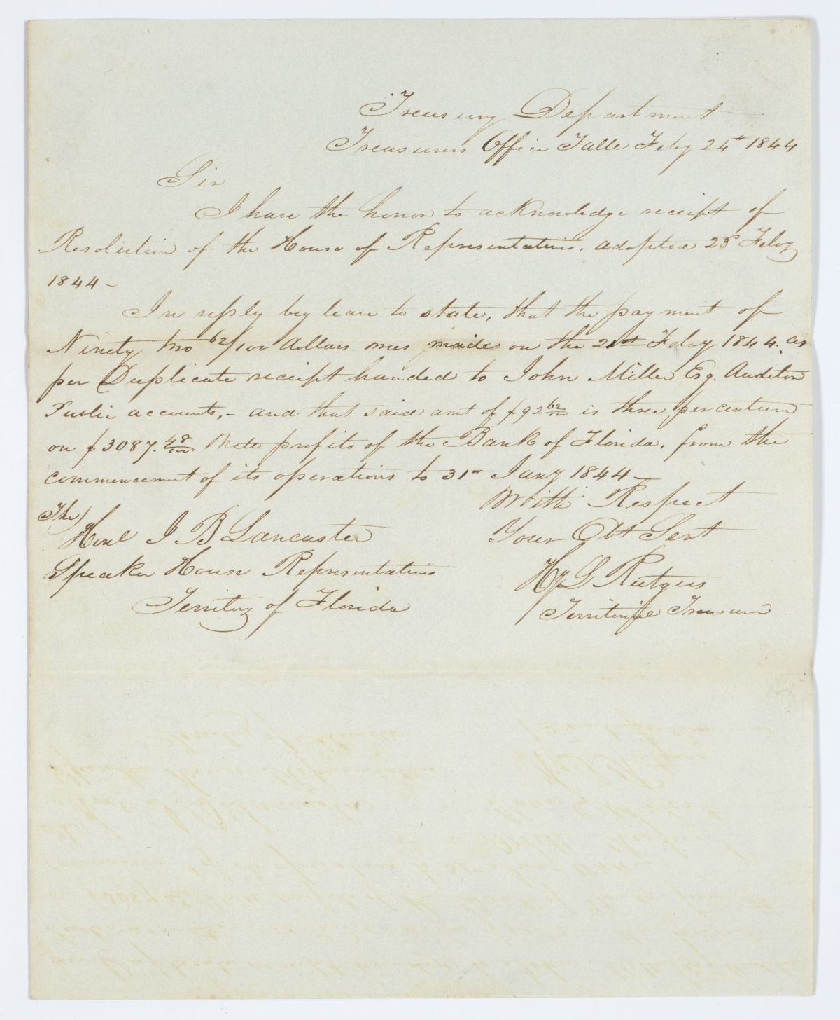 Letter from H. L. Rutgers to Joseph B. Lancaster Regarding a Payment from the Bank of Florida, 1844