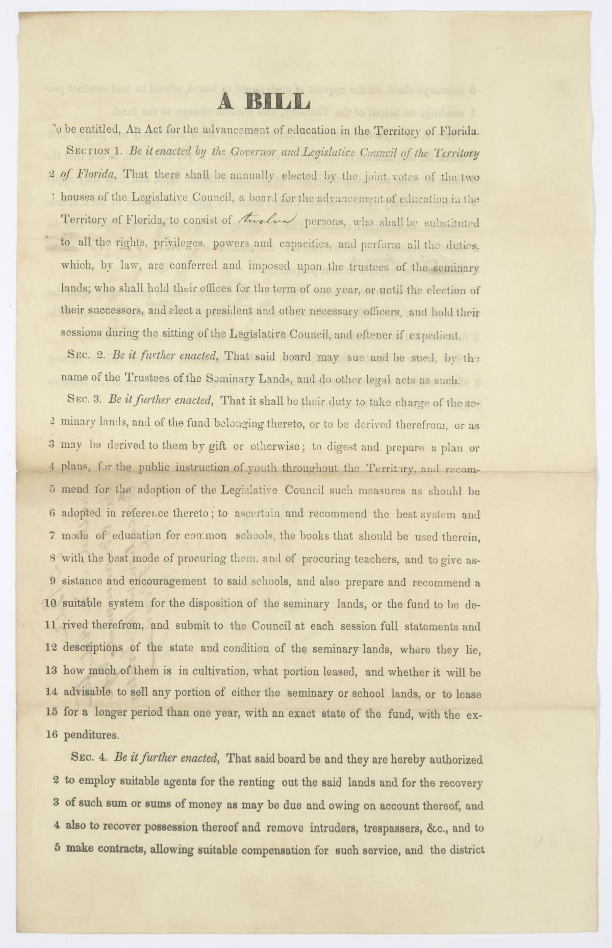 Three Drafts of an Act for the Advancement of Education in the Territory of Florida with a Committee Report on the Subject, circa 1844