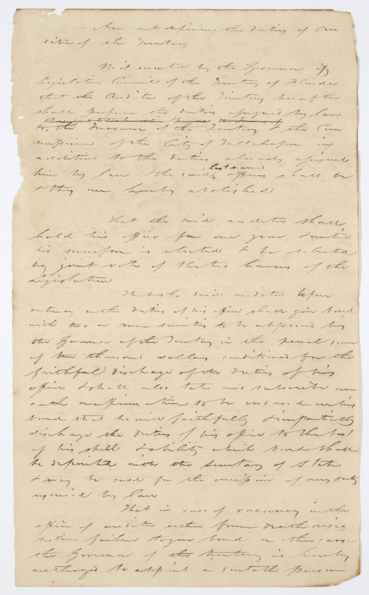 Draft of an Act Defining the Duties of Auditor of the Territory, 1844