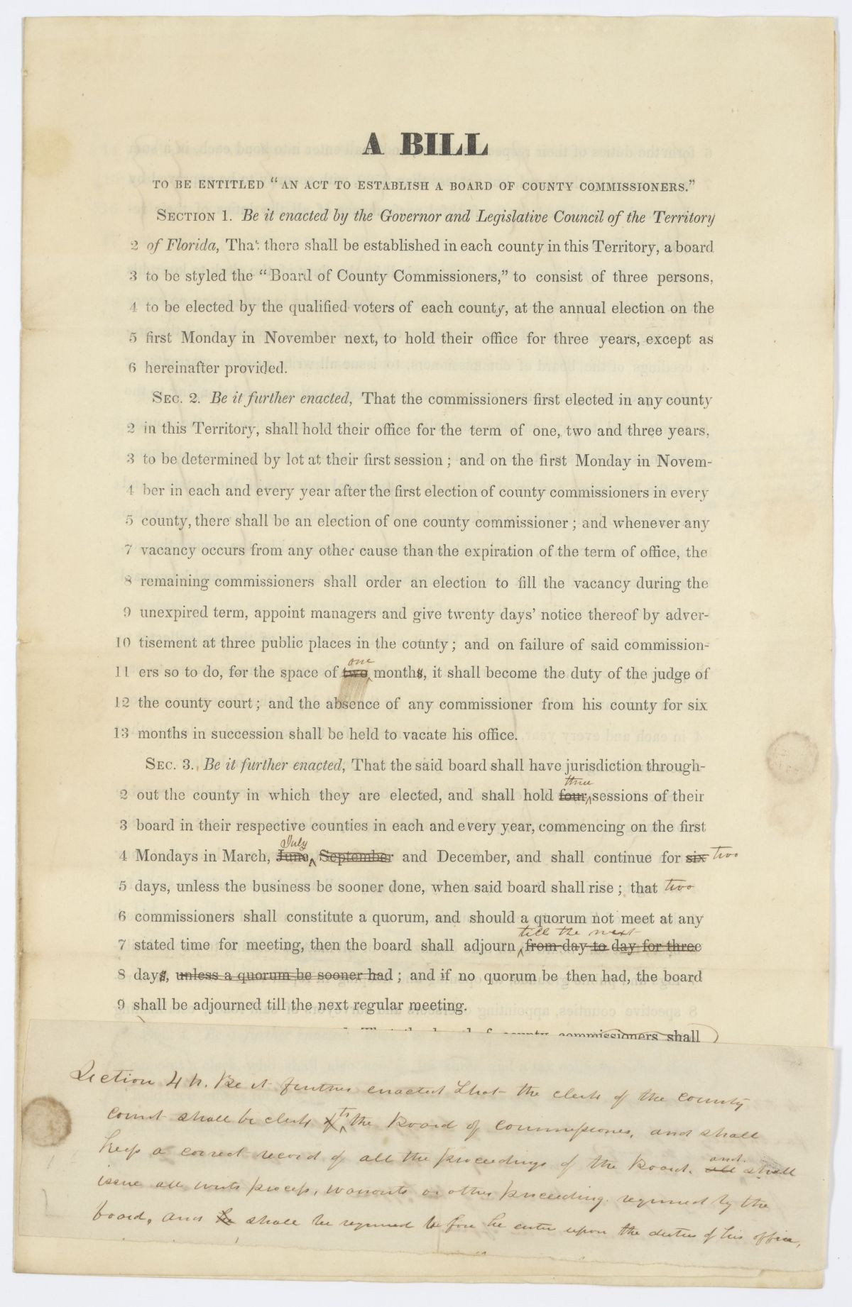 Draft of an Act to Establish a Board of County Commissioners, circa 1844