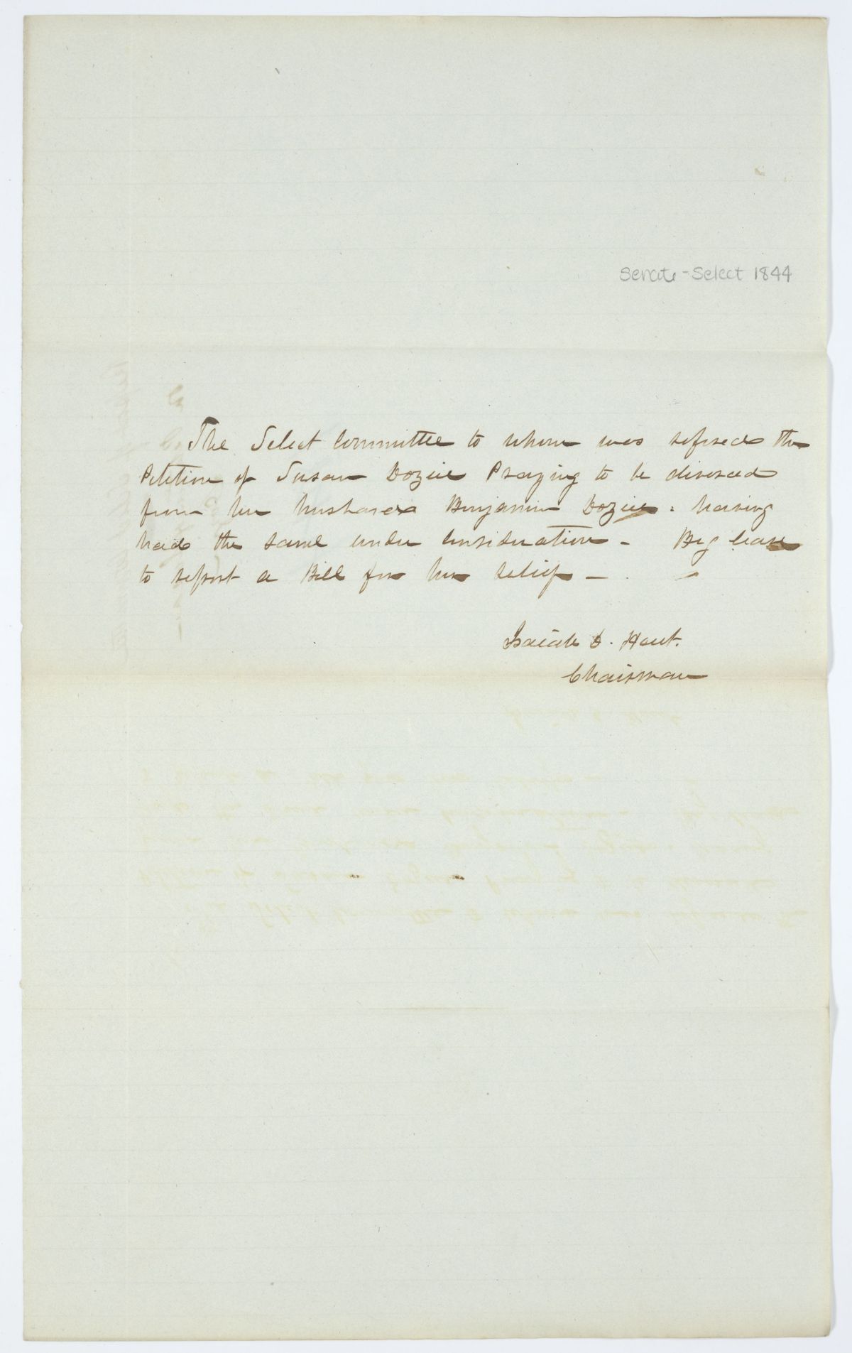 Report of the Select Committee to Whom Was Referred the Divorce Petition of Susan Dozier, circa 1844