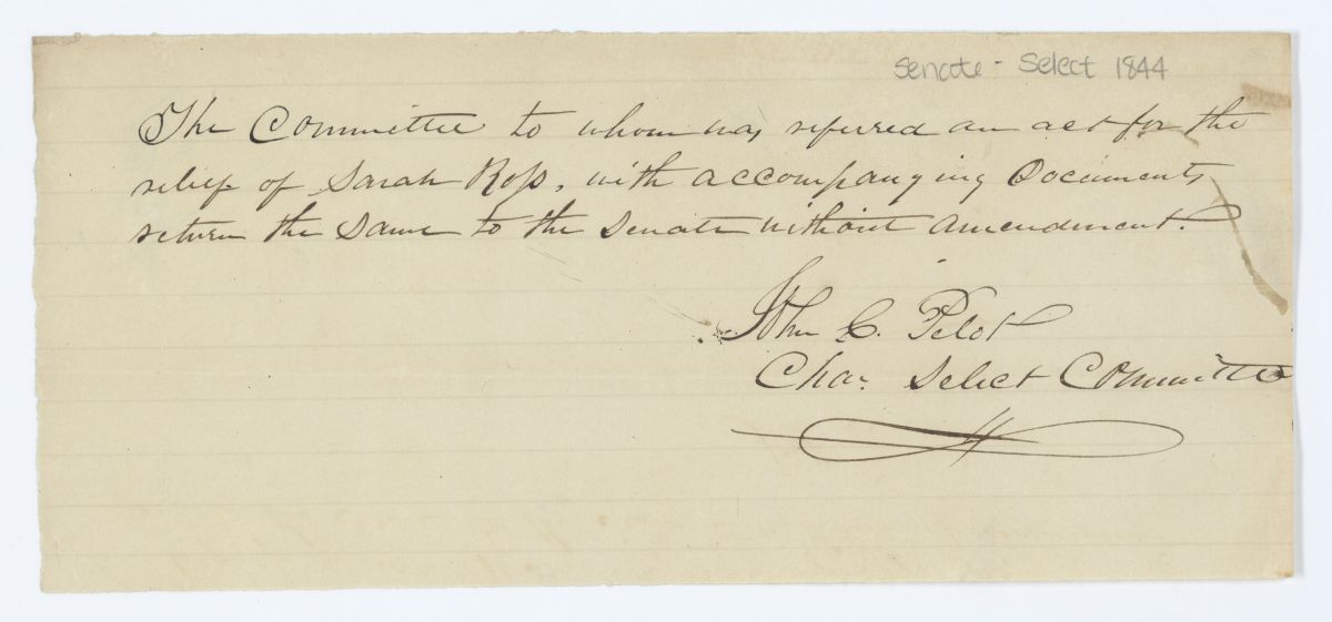 Report of the Committee to Whom Was Referred an Act for the Relief of Sarah Ross, circa 1844