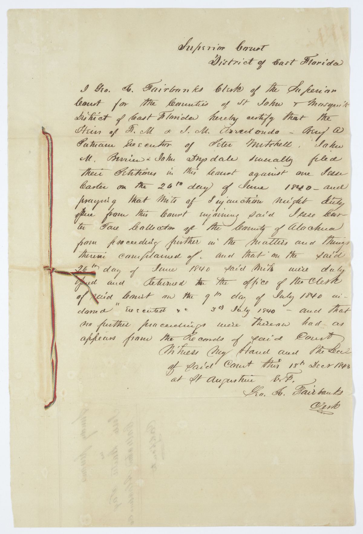 Certificate Attesting to the Issuance of Injunctions Against the Tax Collector of Alachua County, 1843