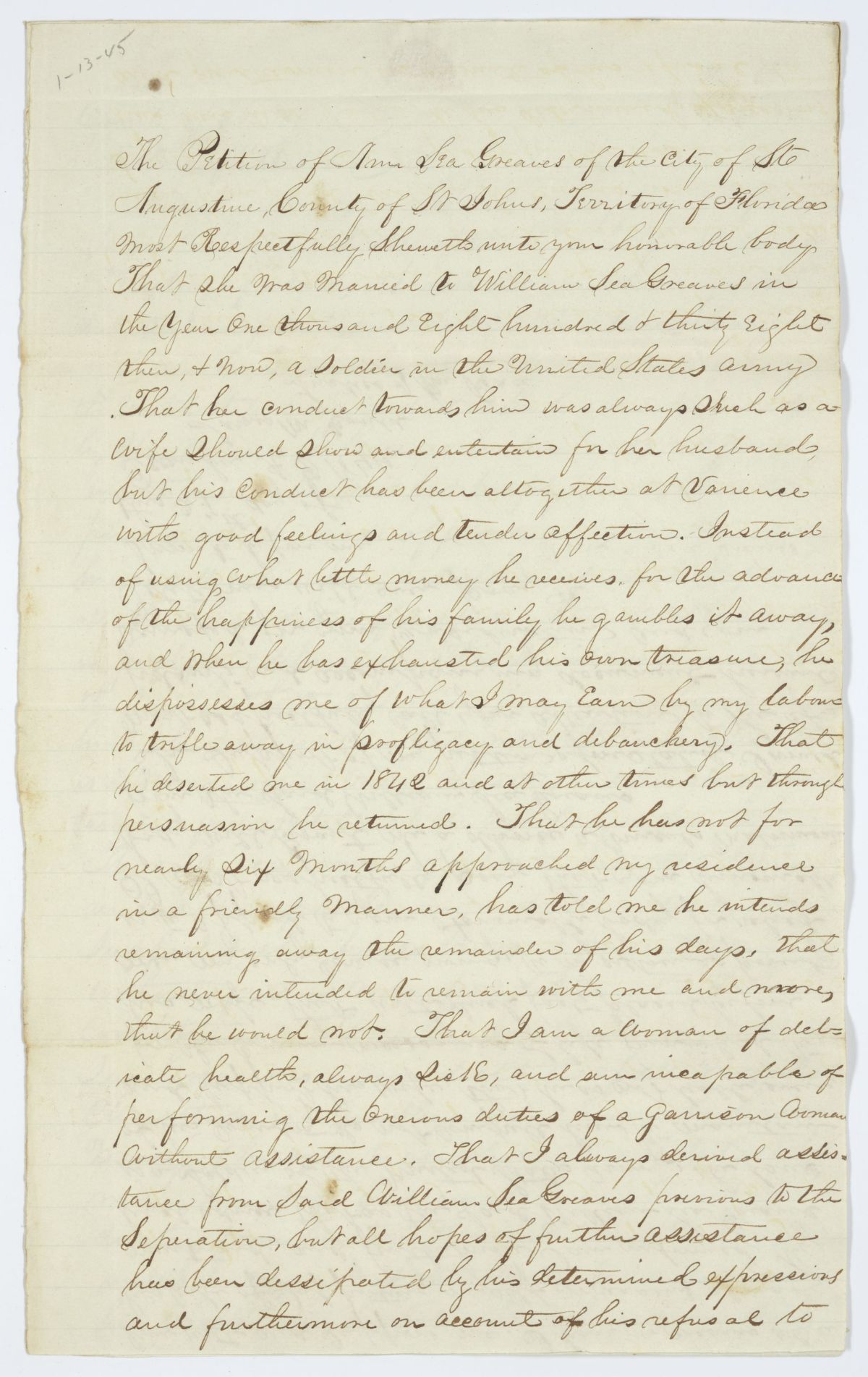 Divorce Petition of Ann Sea Greaves, 1844