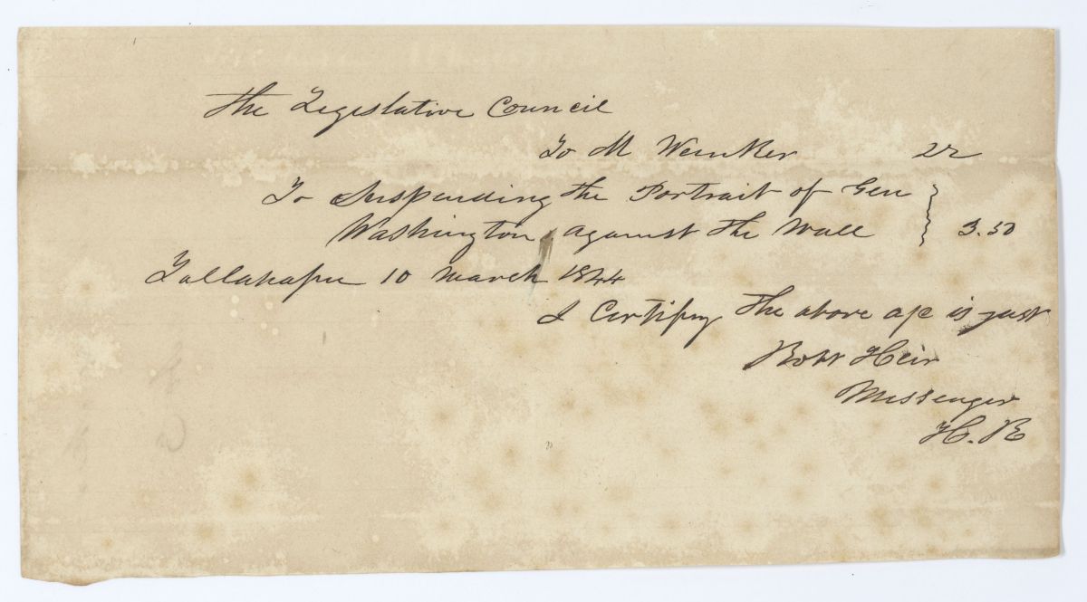 Receipt of M. Weinker for Hanging the Portrait of George Washington, 1844