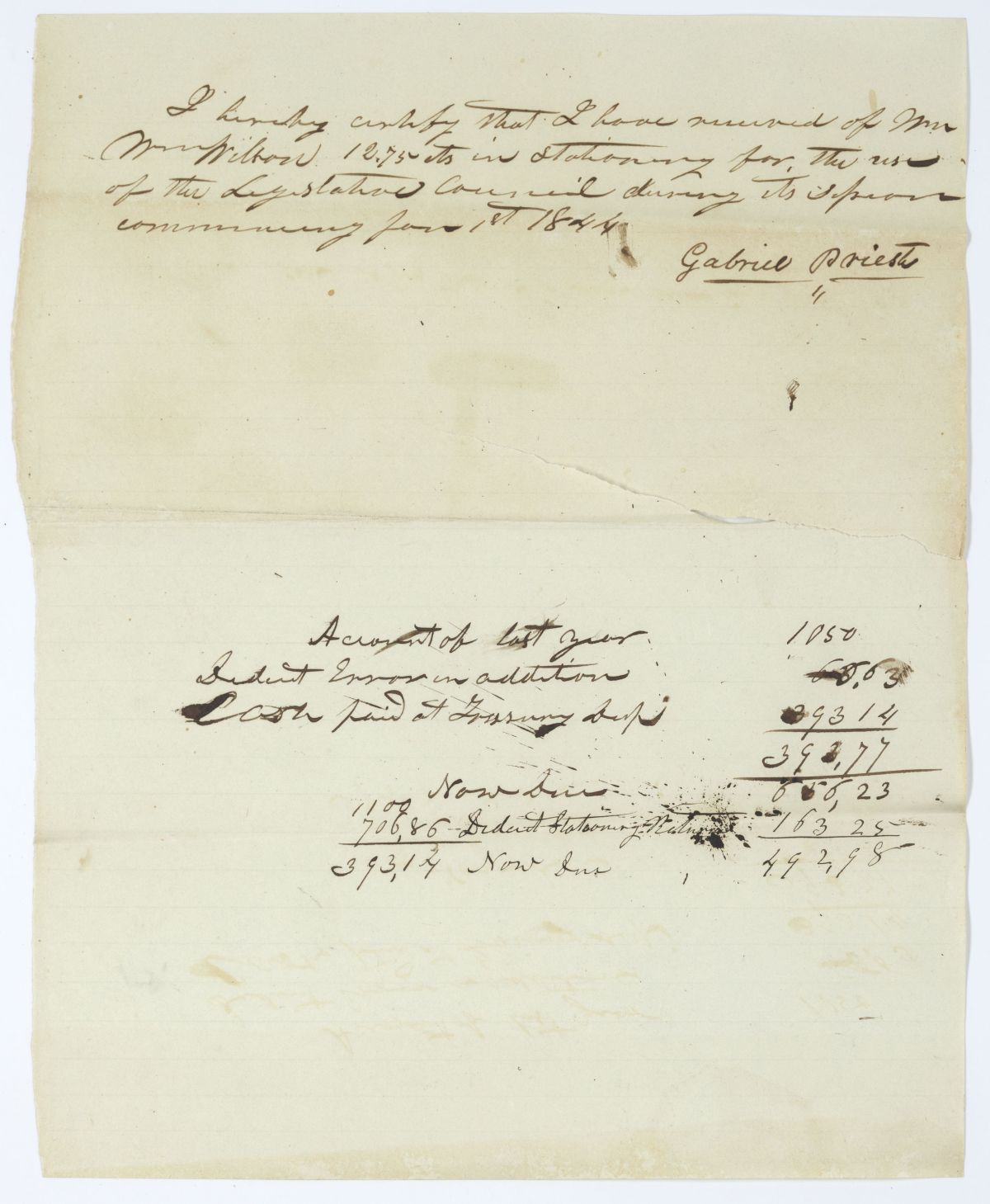 Receipt for Stationery for the Territorial Legislative Council, circa 1844