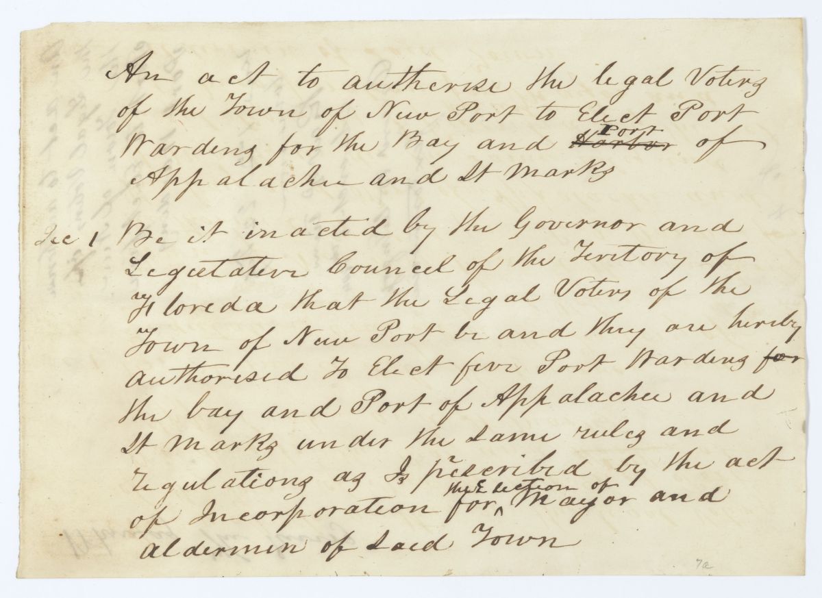 Draft of an Act to Authorize the Town of Newport to Elect Port Wardens for the Bay and Port of Apalachee and Saint Marks, 1844