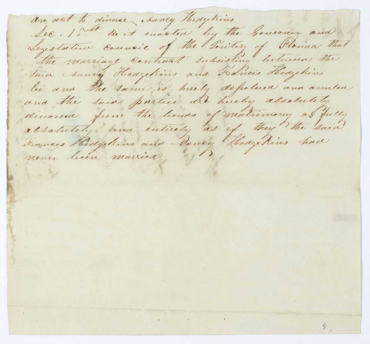 Draft of an Act to Divorce Nancy Hodgkins, circa 1844