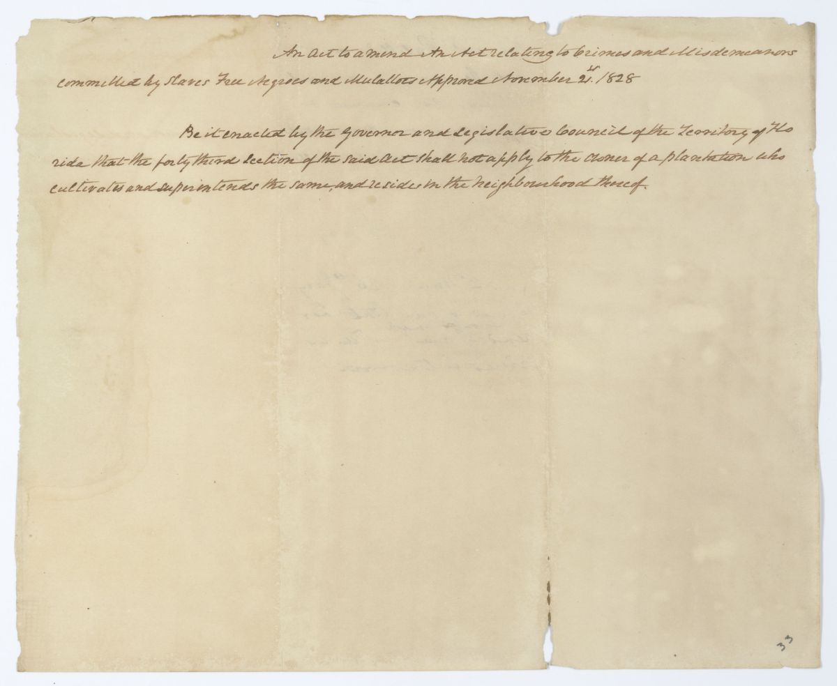 Draft of an Act to Amend an Act Relating to Crimes and Misdemeanors Committed by Enslaved Persons or Free Persons of Color, 1844