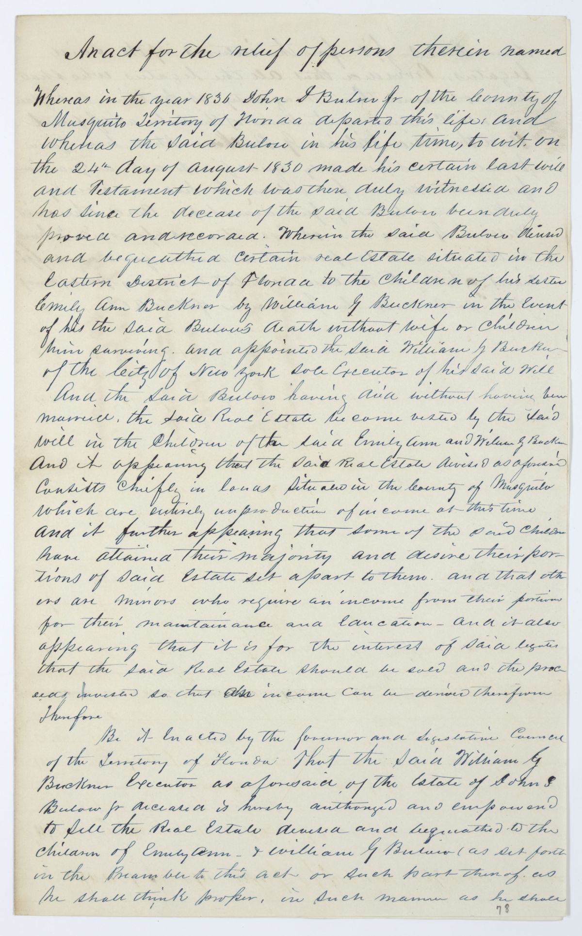 Draft of an Act for the Relief of Persons Therein Named, circa 1844