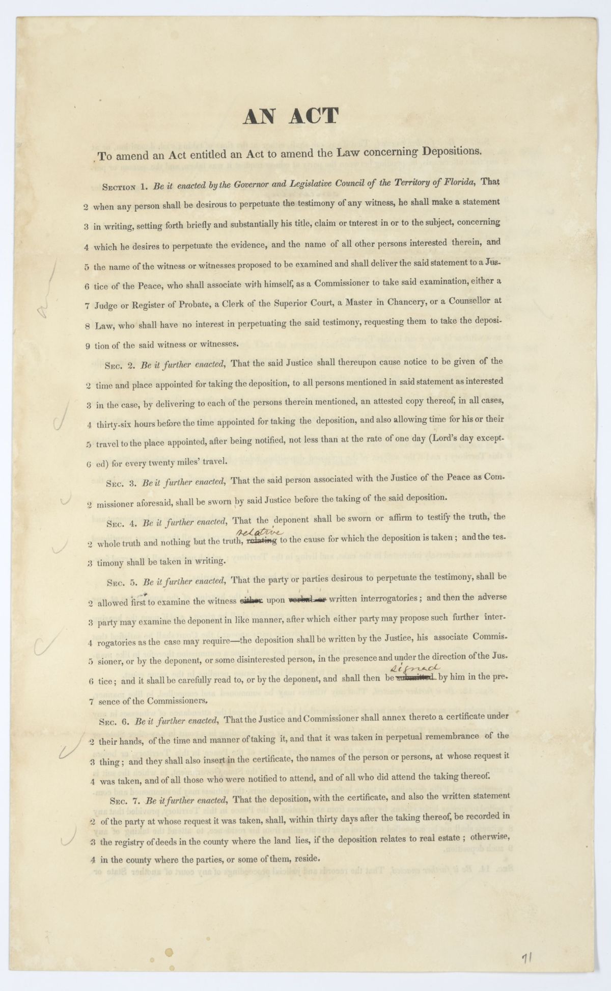 Draft of an Act to Amend an Act to Amend the Law Concerning Depositions, 1844