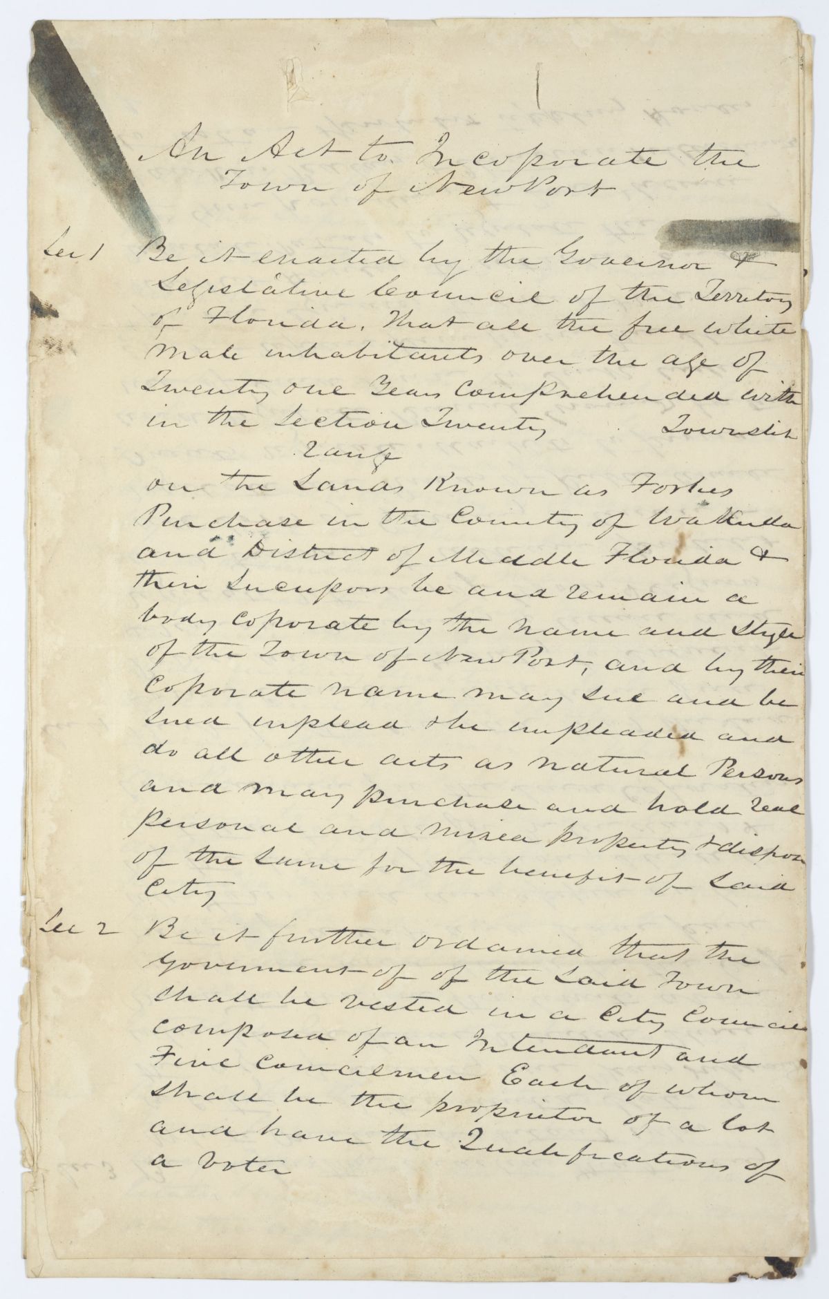 Draft of an Act to Incorporate the Town of Newport, 1844