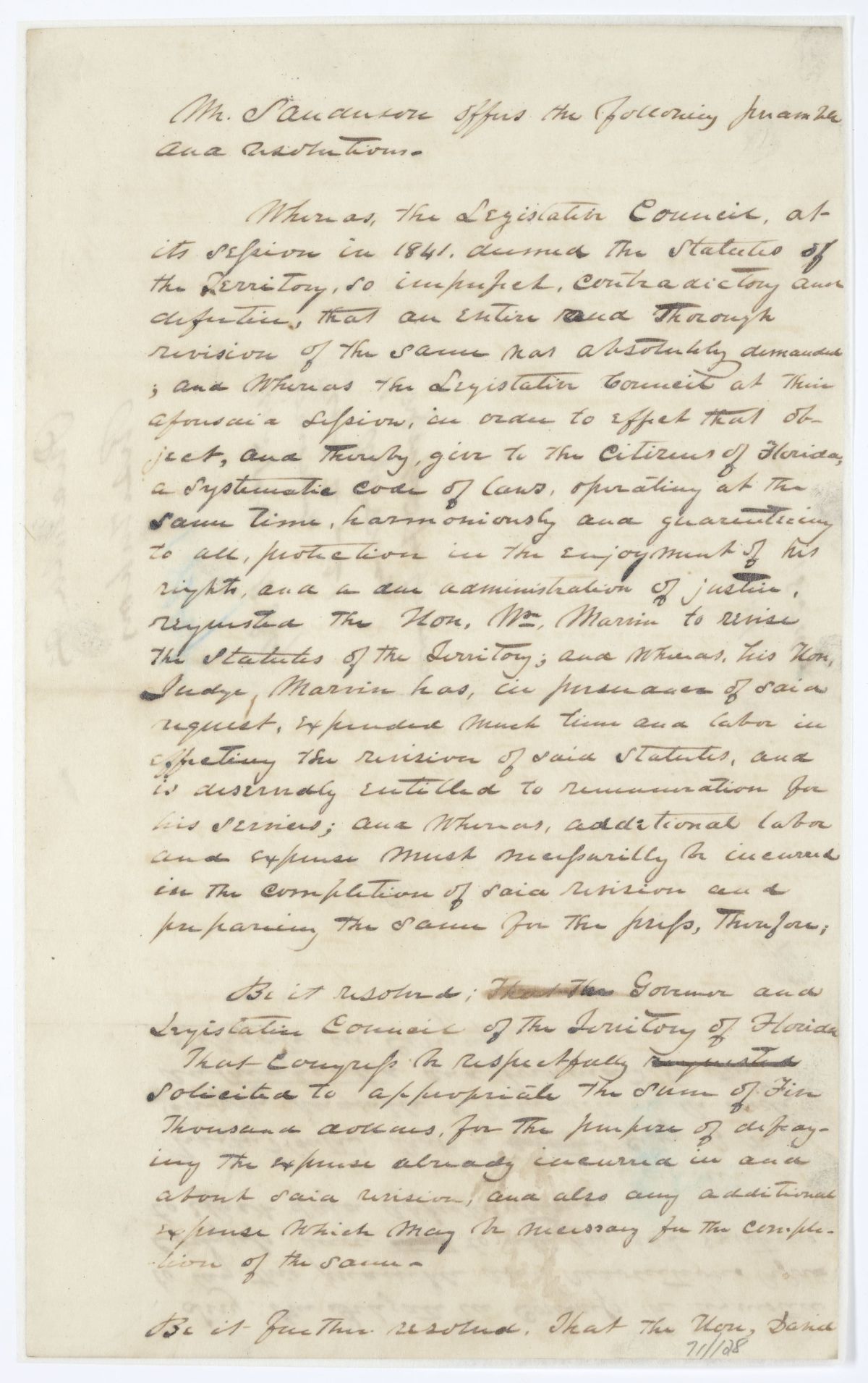 Resolution Directing the Florida Delegate in Congress to Procure an Appropriation for the Cost of the Revised Statutes, circa 1844