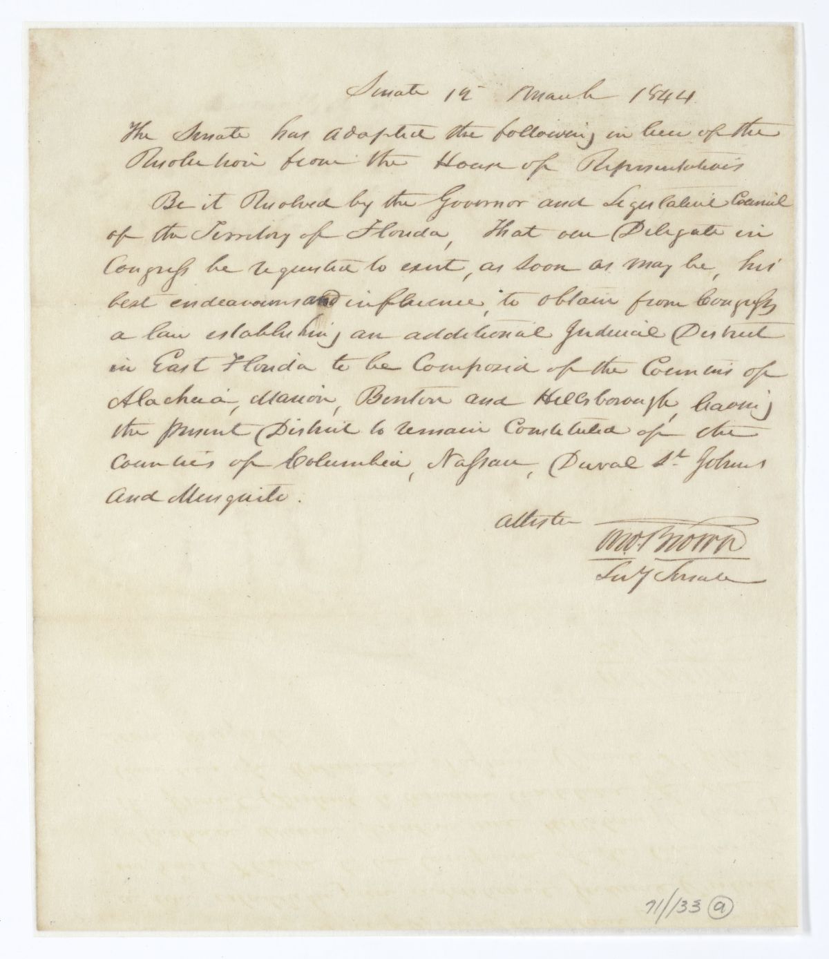 Resolution Directing the Florida Delegate in Congress to Procure a Law to Establish an Additional Judicial District, 1844