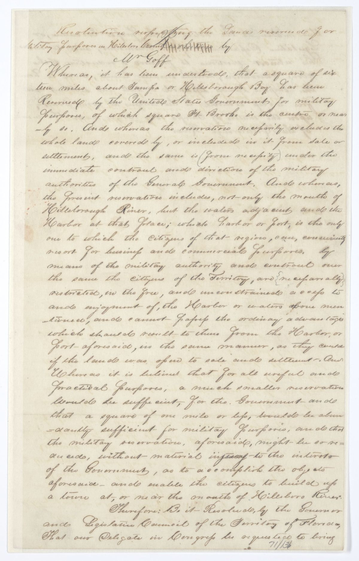 Resolution Respecting the Lands Reserved for Military Purposes in Hillsborough County, 1844