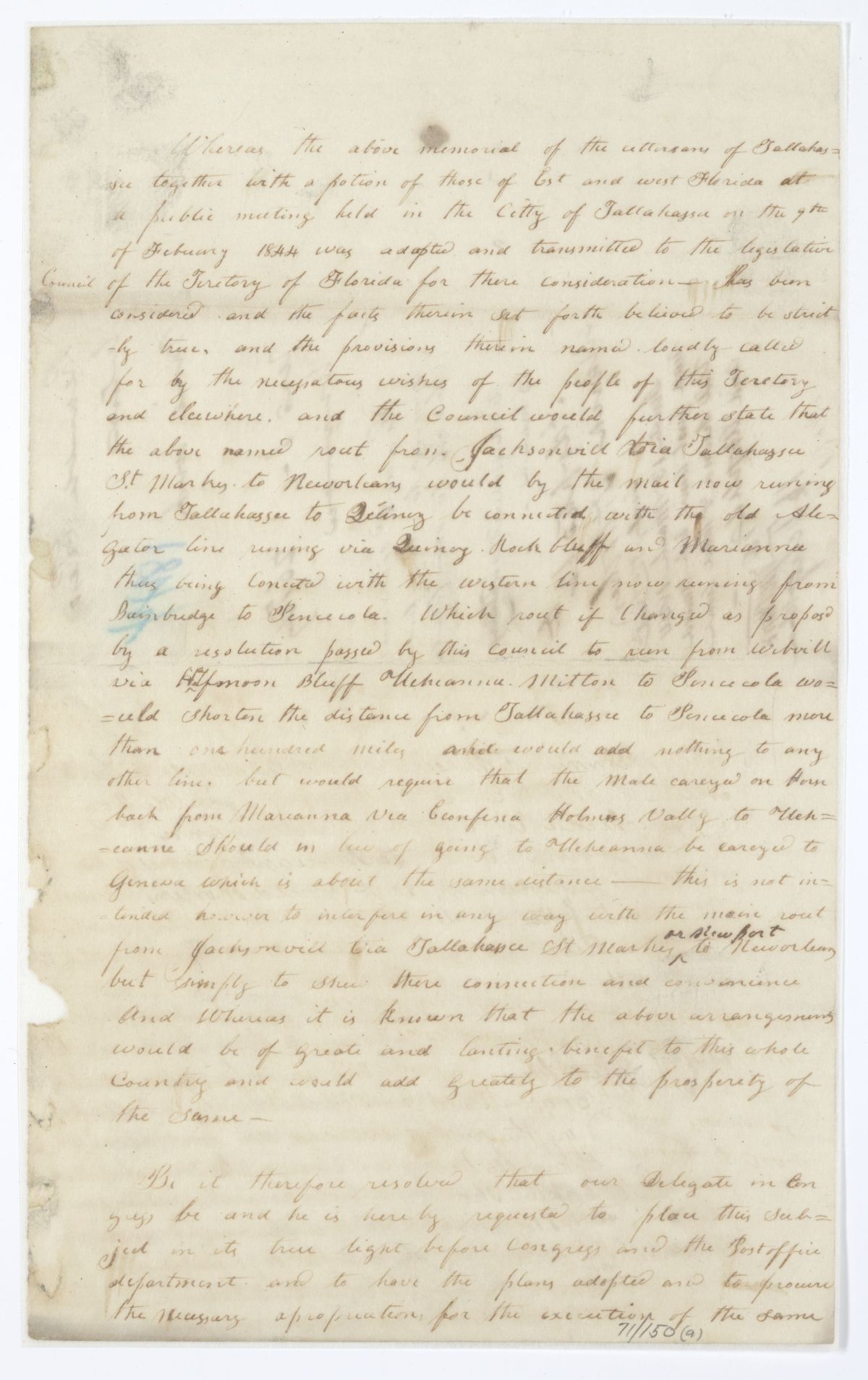 Resolution Directing the Florida Delegate in Congress to Propose a Specific Mail Route, 1844