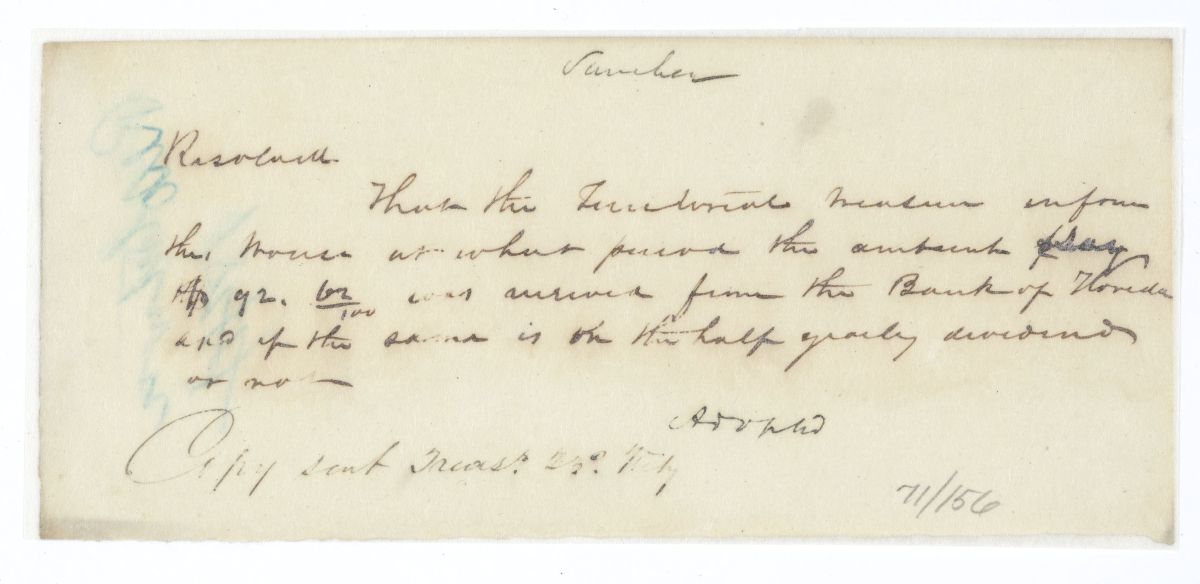 Resolution Requesting that the Territorial Treasurer Inform the Territorial Legislative Council About a Transaction with the Bank of Florida, circa 1844