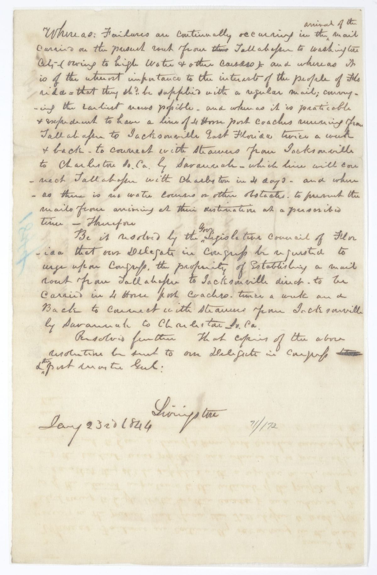 Resolution Calling for a Post Coach Route Between Tallahassee and Jacksonville with a Map of the Proposed Route, 1844