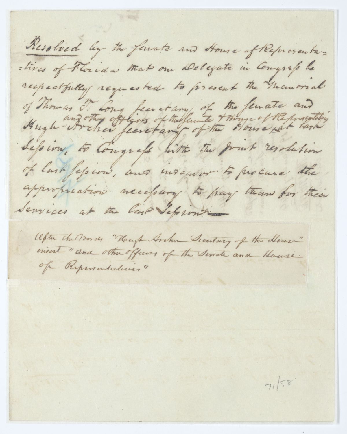 Resolution Directing the Florida Delegate in Congress to Present a Memorial and Certain Resolutions to Congress, 1844