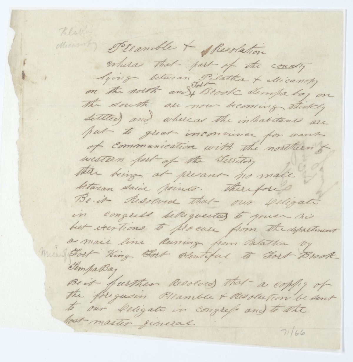 Resolution Directing the Florida Delegate in Congress to Lobby for a Mail Route Between Palatka and Tampa Bay, circa 1844