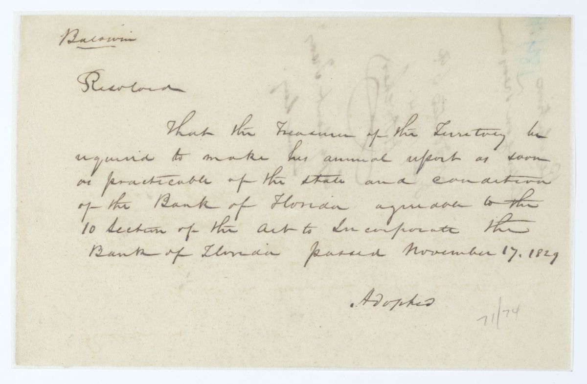 Resolution Directing the Territorial Treasurer to Make His Annual Report on the Bank of Florida, 1844