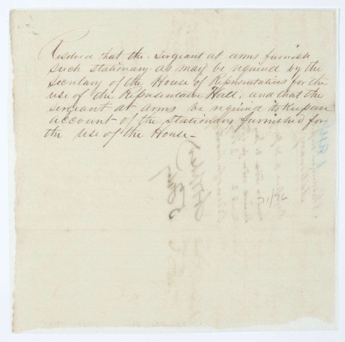 Resolution Directing the Sergeant at Arms to Furnish Stationery to the Secretary of the House of Representatives, circa 1844