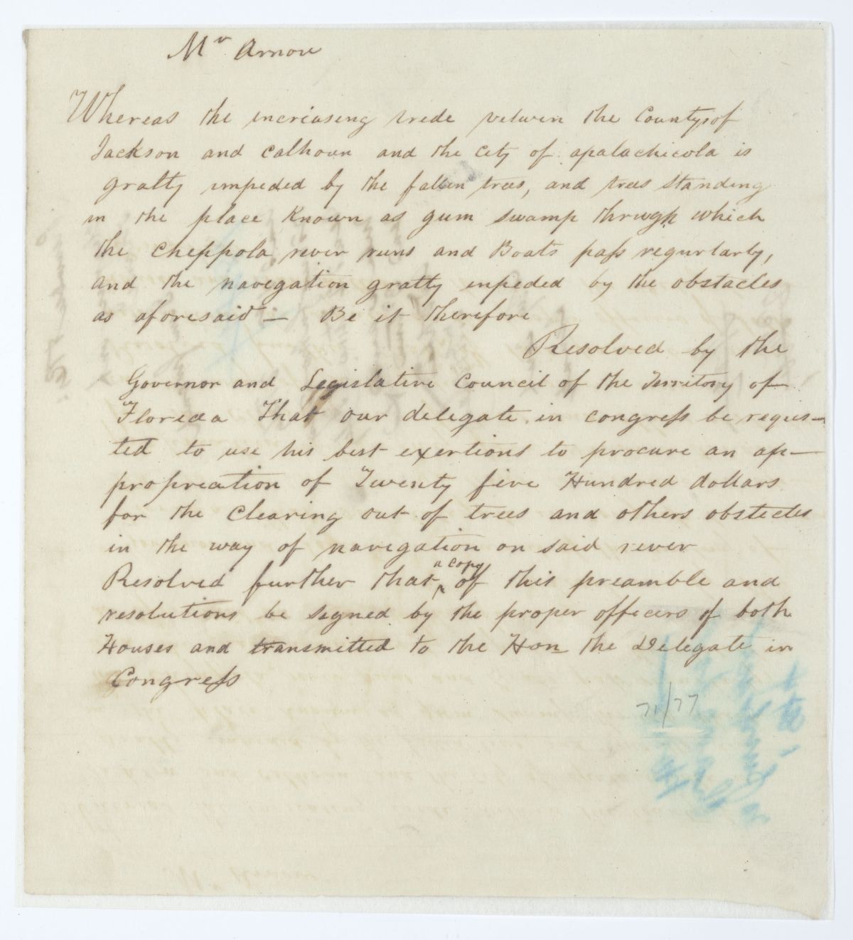 Resolution Directing the Florida Delegate in Congress to Procure an Appropriation for the Clearing of the Chipola River, circa 1844