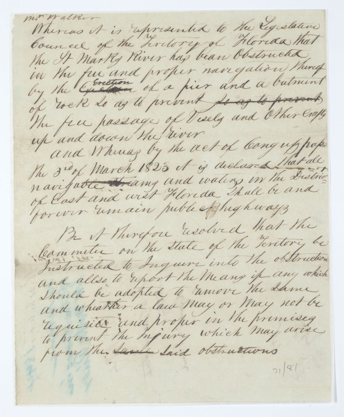 Resolution Directing the Committee on the State of the Territory to Investigate Obstructions in the Saint Marks River, circa 1844